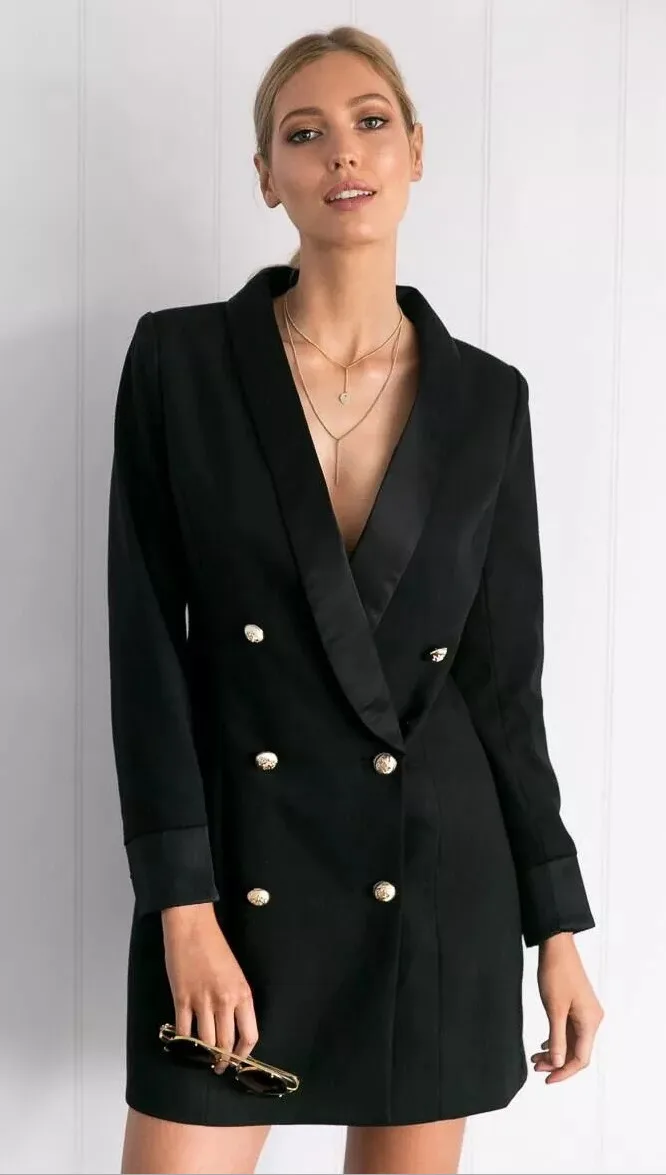 Spring Deep V neck Slim Blazer Jacket Women Lapel Double breasted Long
