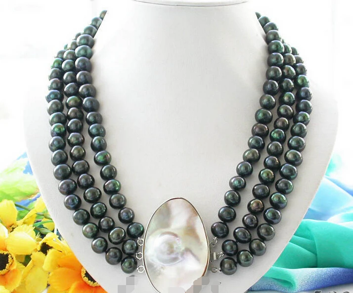 

Free shipping >>>>>z4509 3row 22" 12mm peacock black freshwater pearl necklace mabe clasp