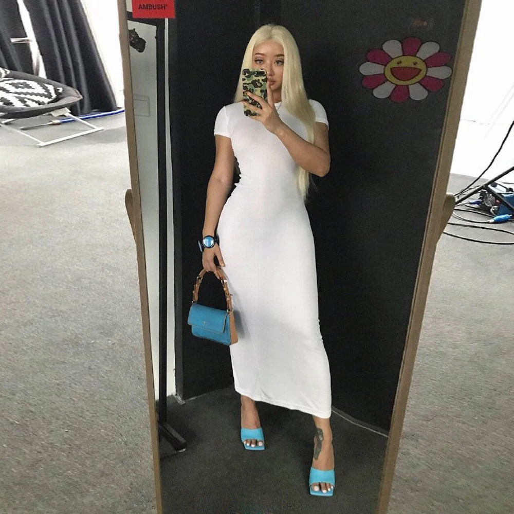 

KGFIGU women short sleeve maxi long dress 2019 New Arrivals solid white bodycon vestidos sexy robe longue boho dress