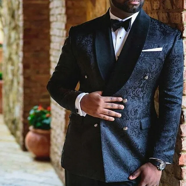 

Black pattern jacket wedding men's suit double-breasted custom slim tuxedo shawl lapel jacket 2 pieces jacket + pants + tie