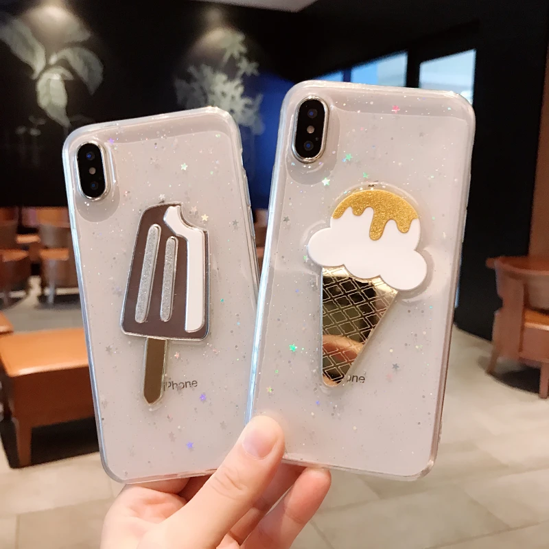 

3D Mirror Ice Cream Glitter Stars Case for iPhone X XS Transparent Soft Silicon Cover Capa Funda for iPhone 8 7 6 6s Plus Hoesje