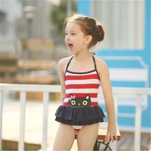 Милый детский купальный костюм в красно-синюю полоску для девочек, милый детский цельный купальник для маленьких девочек, купальный костюм с мультяшным принтом