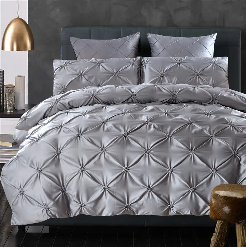 4 6pcs Luxury Washed Silk Bedding Set Handwork Pinch Pleat Grey