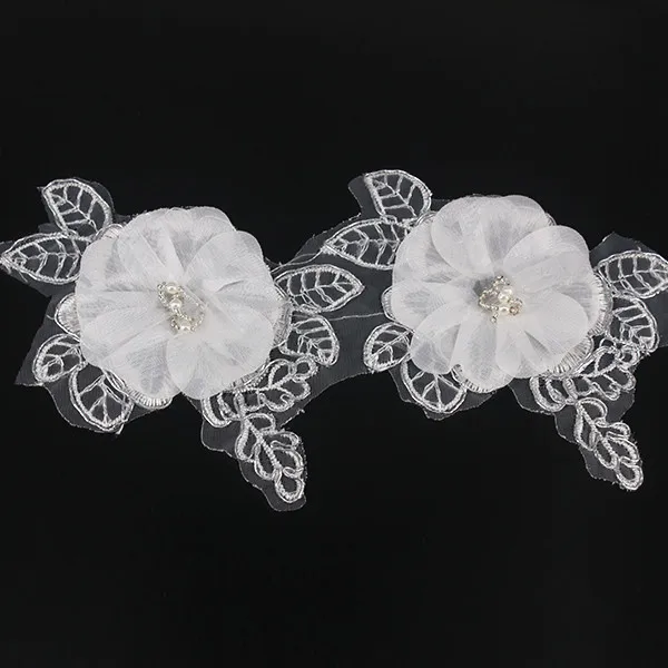 Beaded Trim Silver Metallic Applique Trimming Satin Flower Trim Organza