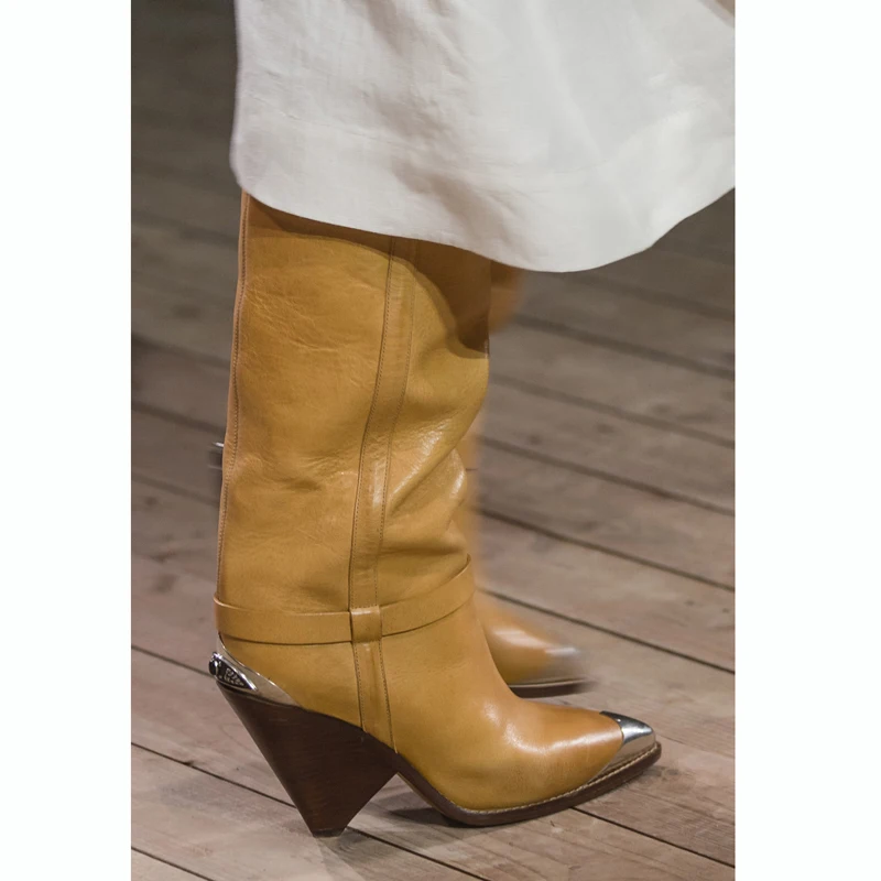 Женские ботинки для подиума на деревянных шпильках женские ботинки «Челси» из натуральной кожи без шнуровки женские зимние сапоги выше колена фирменного дизайна