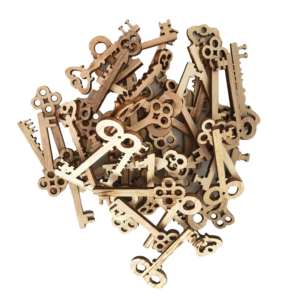 50pcs Key Shaped Unfinished Wood Pieces Crafts Wooden Hanging Embellishments