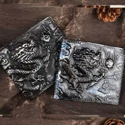 Масло воск Воловья кожа короткий кошелек подвеска дракон узор Mulit-Карты Держатель наличные зажим для мужчин Натуральная кожаный кошелек