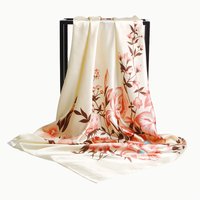Модный платок шарфы для женщин цветочный принт атласный шелковый шарф Хиджаб Женский 90x90 см квадратный платок шарф на голову для дам