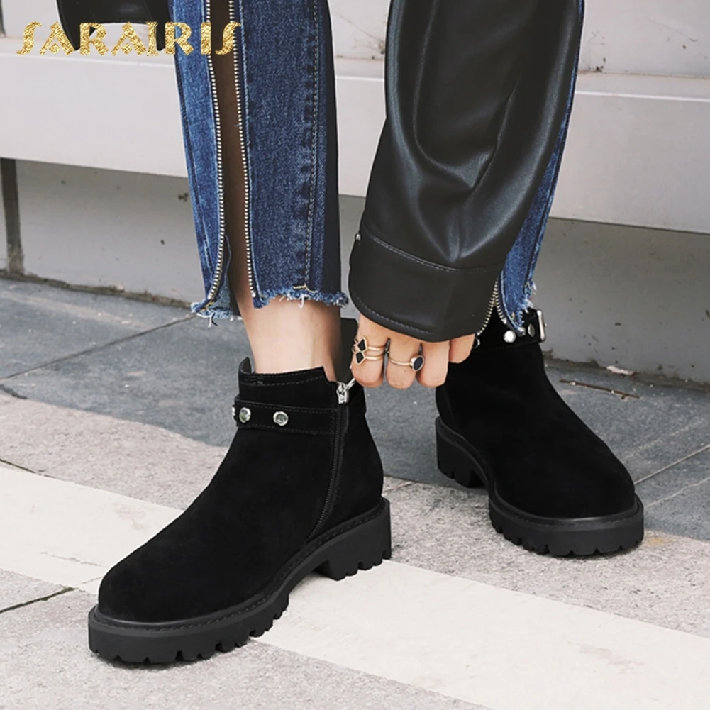 

SARAIRIS 2018 Cow Suede Leather Best Quality Short Boots Woman Shoes Ankle Boots Zip Up Chunky Heels Shoes Woman Booties