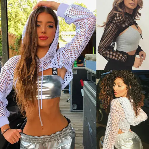 Summer Kpop Women Hoodies Sudadera Mujer Sheer Mesh Fishnet Long Sleeve Hooded Crop Top Shirt Hoodie Sweatshirt Hoodies Women