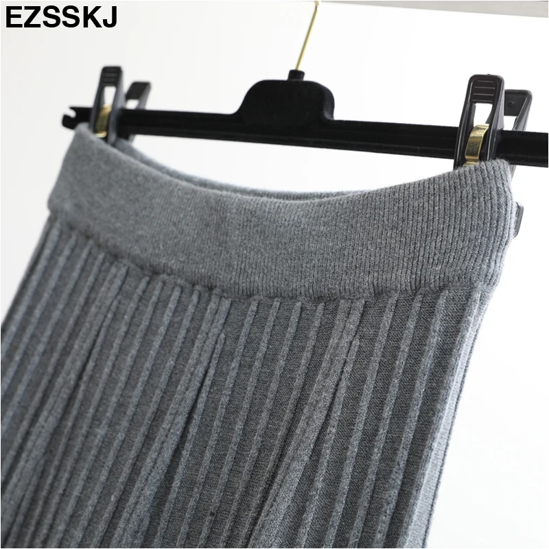 Винтажная элегантная зимняя женская юбка-свитер эластичная высокая талия плиссированная трикотажная юбка миди трапециевидная Женская однотонная Плотная юбка
