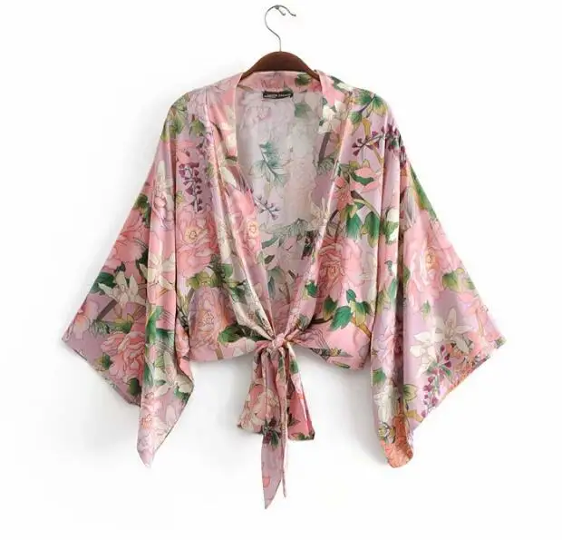 Женское кимоно с поясом, рубашка с цветочным принтом, рукавом «летучая мышь» и V-образным вырезом, блуза с завязками и бантом