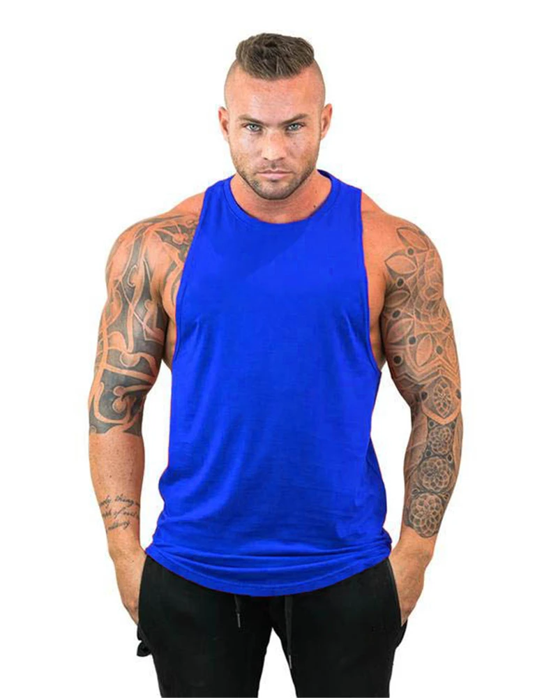 Для бодибилдинга мужские майки одежда для тренажерного зала фитнеса Мужская майка без рукавов однотонные хлопковые Майки Мышцы Спортивный жилет - Цвет: blue tank