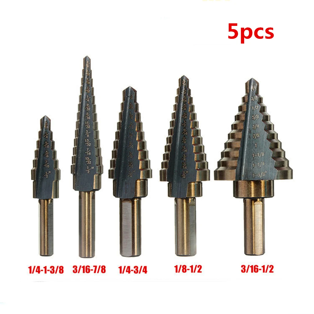 

5pcs/set Inch Baked Yellow Black Triangle Handle High Speed Steel Step Drills Bit Cut Tool Set Pagoda Drill Hole Set