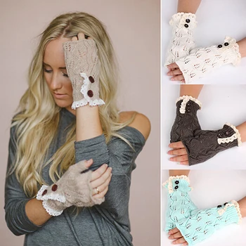 

Women Fingerless Lace Knitted Gloves Winter Warm Button Hand Wrist Warmer Mitten