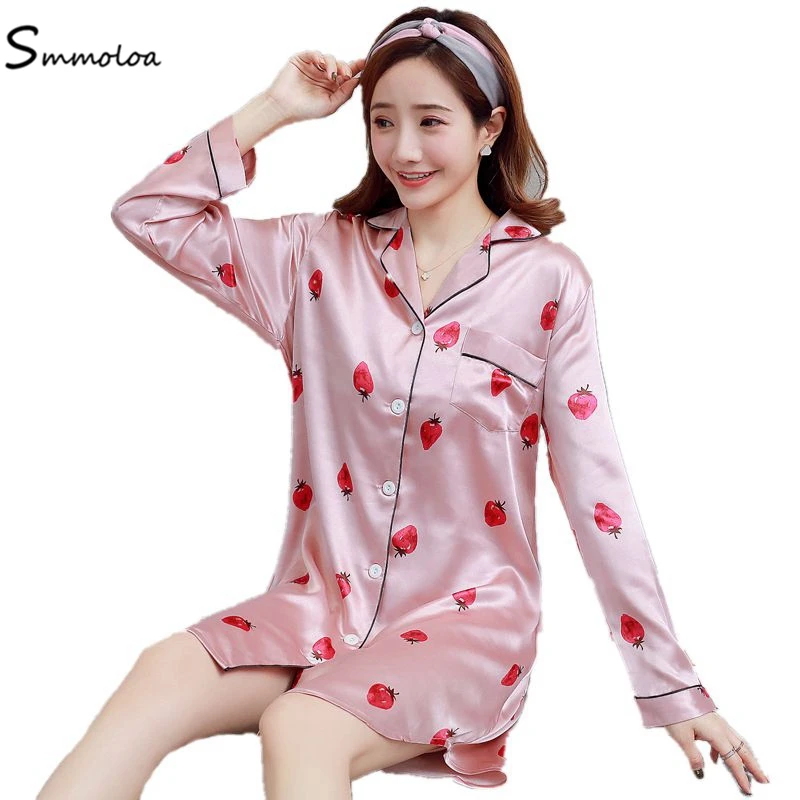

Smmoloa Women Long Sleeve Silk Sleepshirt Comfortable Satin Nightshirt Sleepwear Boyfriend Satin Sleepshirt