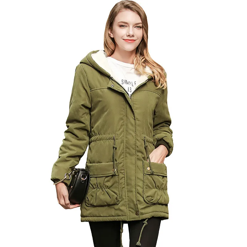 

Women Jacket Winter Parka Female Spring Thick Khaki Red Black Armygreen Navyblue Coat Korean Plus Size Clothing with Cap