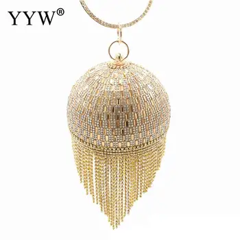 Golden Diamond Tassel Women Party Metal Crystal Clutches Evening Bags Wedding Bag Bridal Shoulder Handbag Wristlets Clutch Purse golden crystal evening clutches bag for women hollow out handbag and purse bridal rhinestones clutch wedding box clutch wallet
