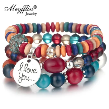 

Meyfflin Stone Beads Charm Bracelets for Women Boho Elastic Multilayer Bracelets & Bangle Fashion Female Jewelry Christmas Gift