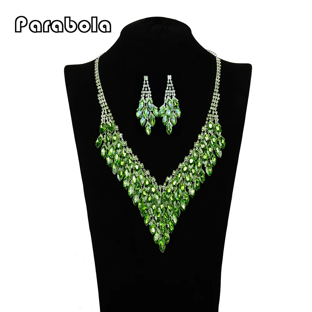 Parabola Luxury Sparkly Green Rhinestones Beads Choker Jewelry Sets Wedding Accessories Necklace