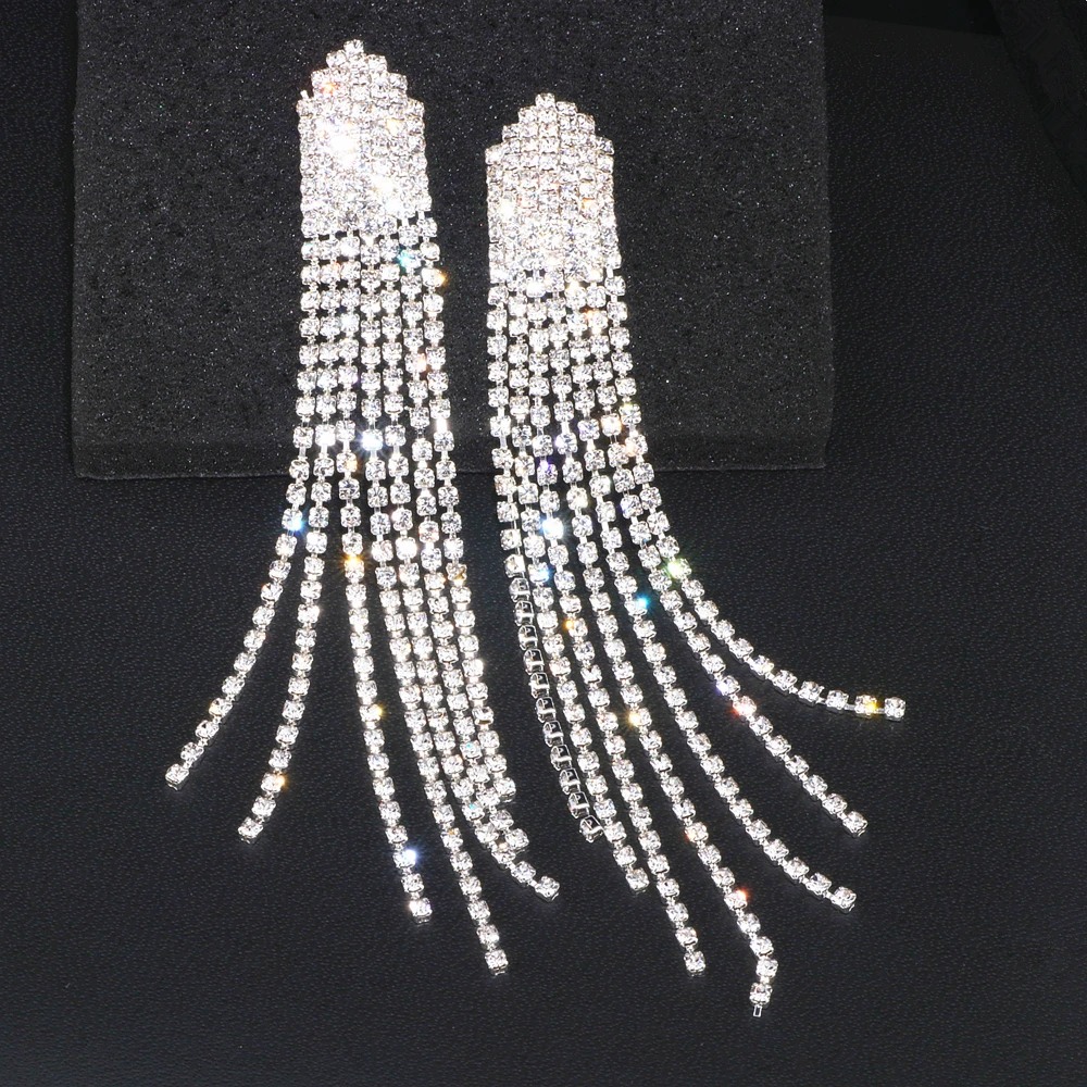 

New Trendy Bride Rhinestone Long Tassel Earrings Luxury Crystal Big Drop Dangle Earrings For Women Wedding Party Jewelry WX182