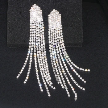 New Trendy Bride Rhinestone Long Tassel Earrings Luxury Crystal Big Drop Dangle Earrings For Women Wedding Party Jewelry WX182