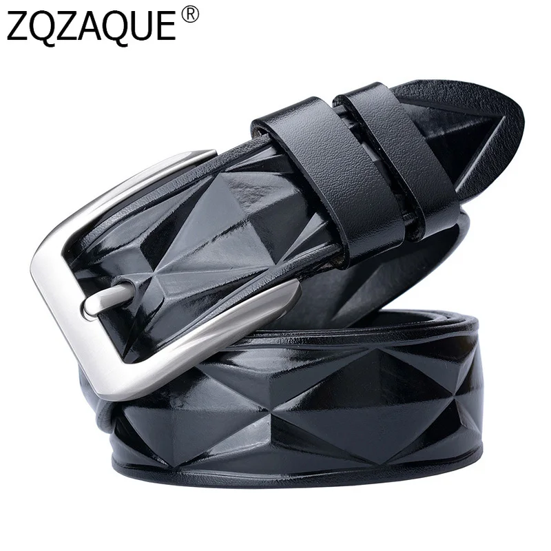 

Simple Prism Plaid Genuine Leather Belt Black Coffee Brown Cowhide Waistband Designer Strap Pin Buckle Belts for Men Male Gifts