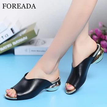 

FOREADA Summer Shoes Women Slippers Natural Cow Leather Strange Style Heel Shoes Bling Peep Toe Slides Ladies Sandals Size 33-42