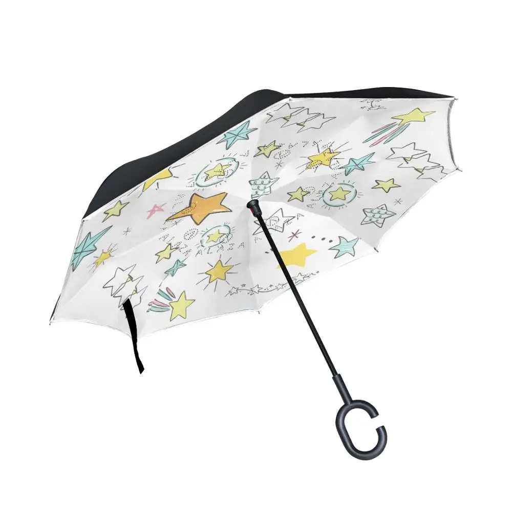 

Susino White Decoration Stars Reverse Umbrella Rain Umbrella Lady Car Umbrella Free Hands UV Protection Stick Inverted Umbrella