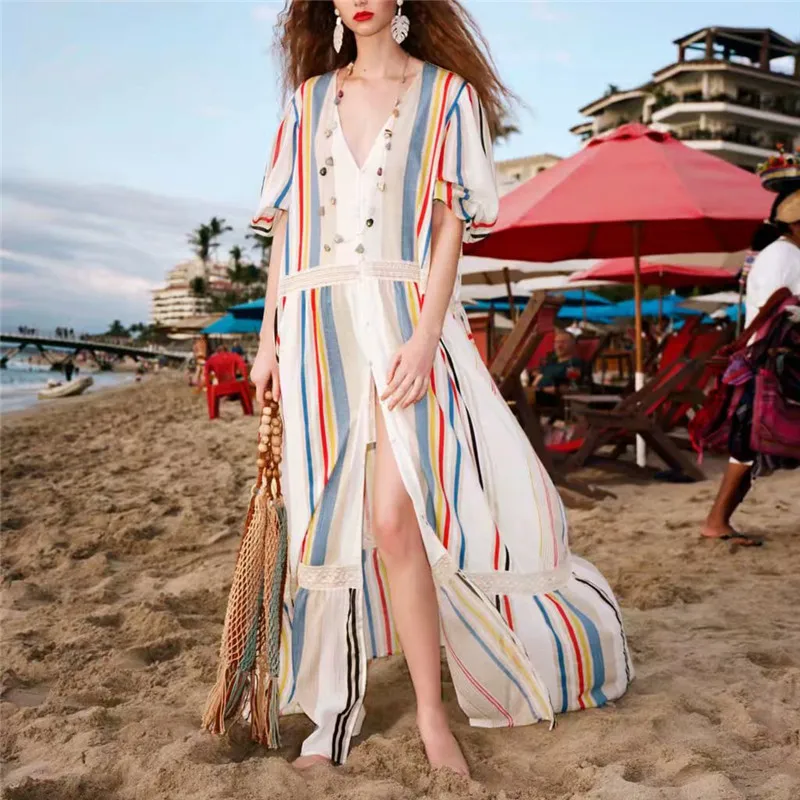 

High Quality 2019 Spring New Women Striped Lace Patchwork Long-sleeved Dress