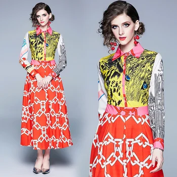 

womens woman ladies Designer spring summer autumn printed Patchwork shirt neck runway Skater long maxi party Swing beach dress