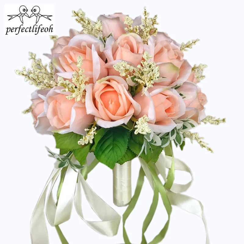 

perfectlifeoh Wedding Bouquets Artificial Flowers White Rose Wheat ears Bridal Party Accessories With Ribbon