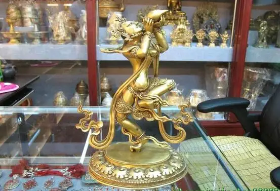 

11.5"Tibet Buddhism 100% Bronze 24K Gold Vajravarahi homey Conch Kwan-Yin Buddha