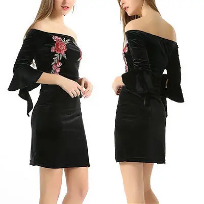 Сексуальные женские бандажные Вышитые Bodycon Slash шеи платья Цветочные Вечерние для вечеринки, клуба, мини-платья