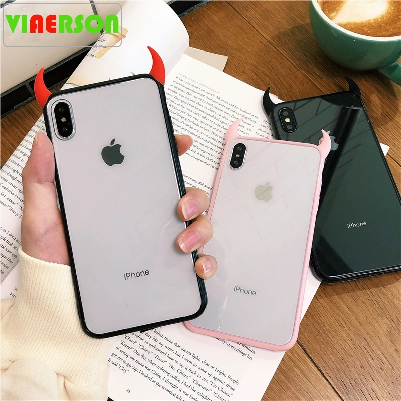 VIAERSON Cute Devil Horn Case For iPhone XS Max XR 6 6S 7 8 Plus Full Body Protective Acrylic Phone Back Cover Cases Gift |