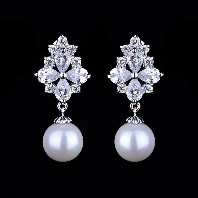 

2016 Lady Gift AAA CZ flowers white Gold color Imitation Pearl dangle Earring Designs GLE4734