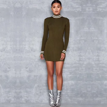 

2018 New Casual Green Women Dress Fashion High Neck Long Sleeve Bodycon Mini Night Club Celebrity Evening Party Dresses Vestidos