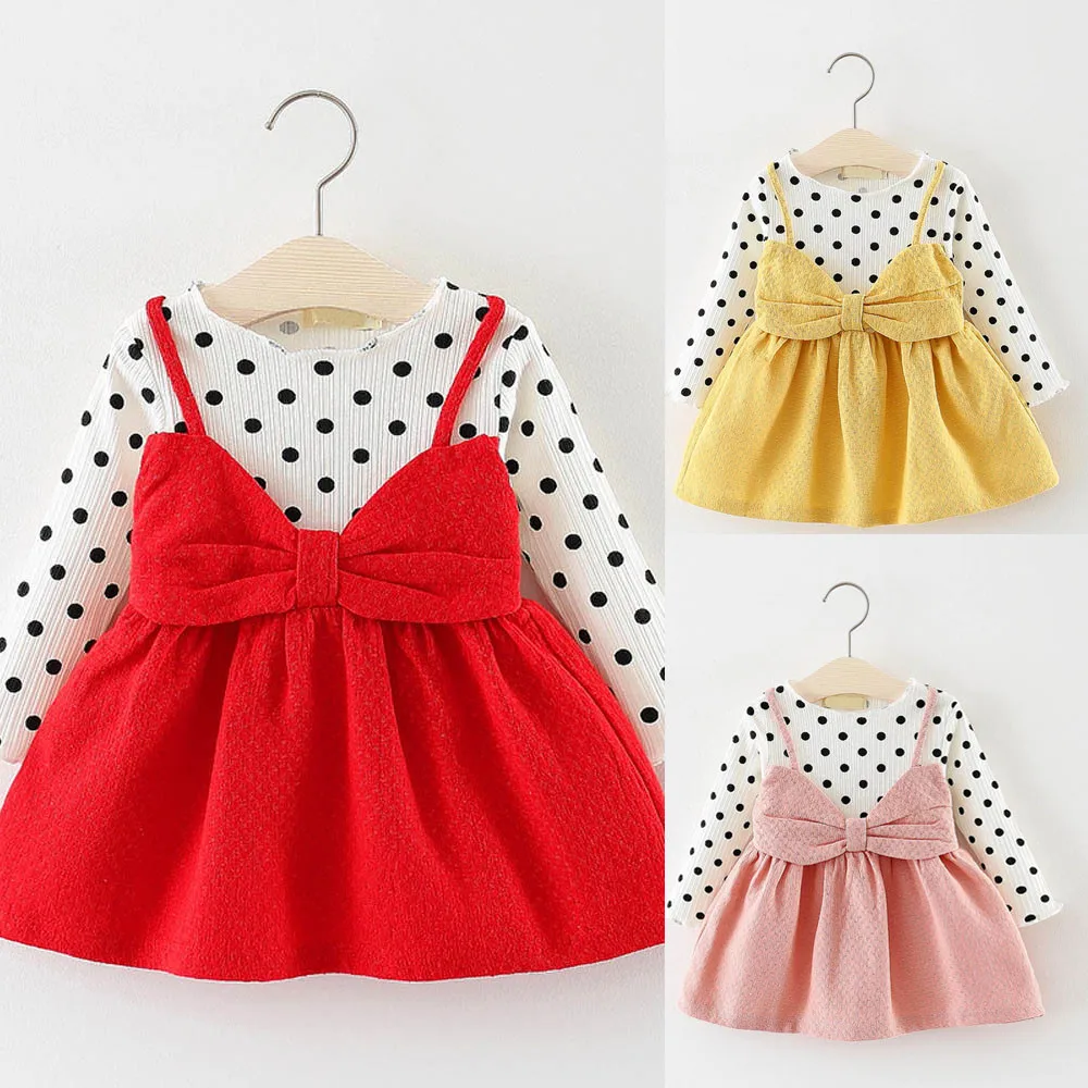 Girls Dress Newborn Infant Baby Girl Long Sleeve Dot Bowknot Wedding Party Princess Performance