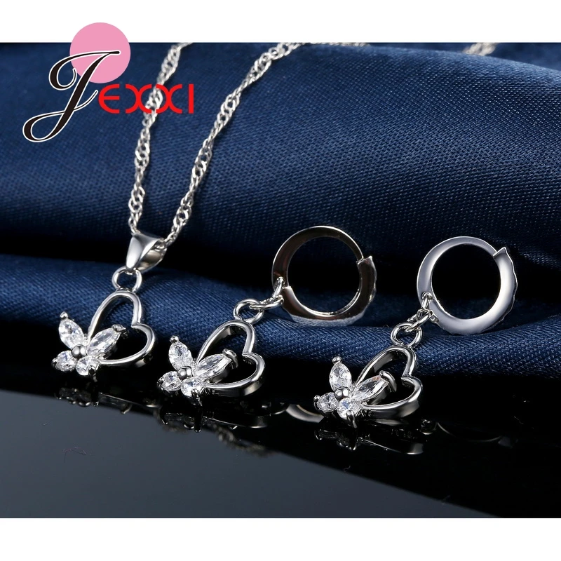 Jemmin Feine Top Qualität Frauen Zubehör Braut 925 Sterling Silber Kristall Herz Schmetterling Halskette Ohrringe Schmuck-Set Geschenk