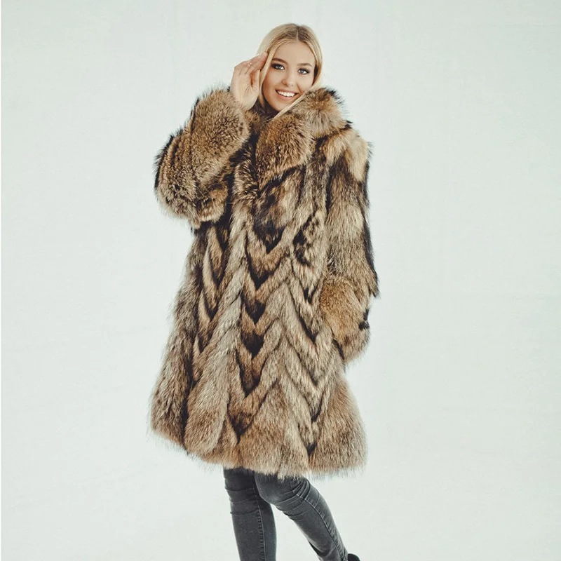 FURSARCAR Роскошная повседневная женская меховая куртка новая настоящая Шуба зимняя шуба из натурального меха енота пальто длинного размера плюс женская - Цвет: With Collar