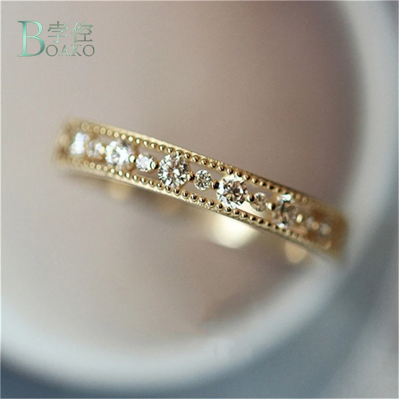 

BOAKO Delicate Silver Gold Color Round Princess Ring Trendy Hollow Design Inlaid Zircon Wedding Rings for Women Party Jewelry