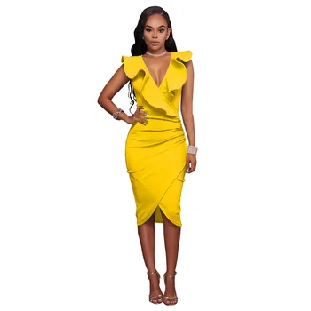 

Women's European and American Standard code sexy V collar lotus leaf side sleeveless bag buttock dress