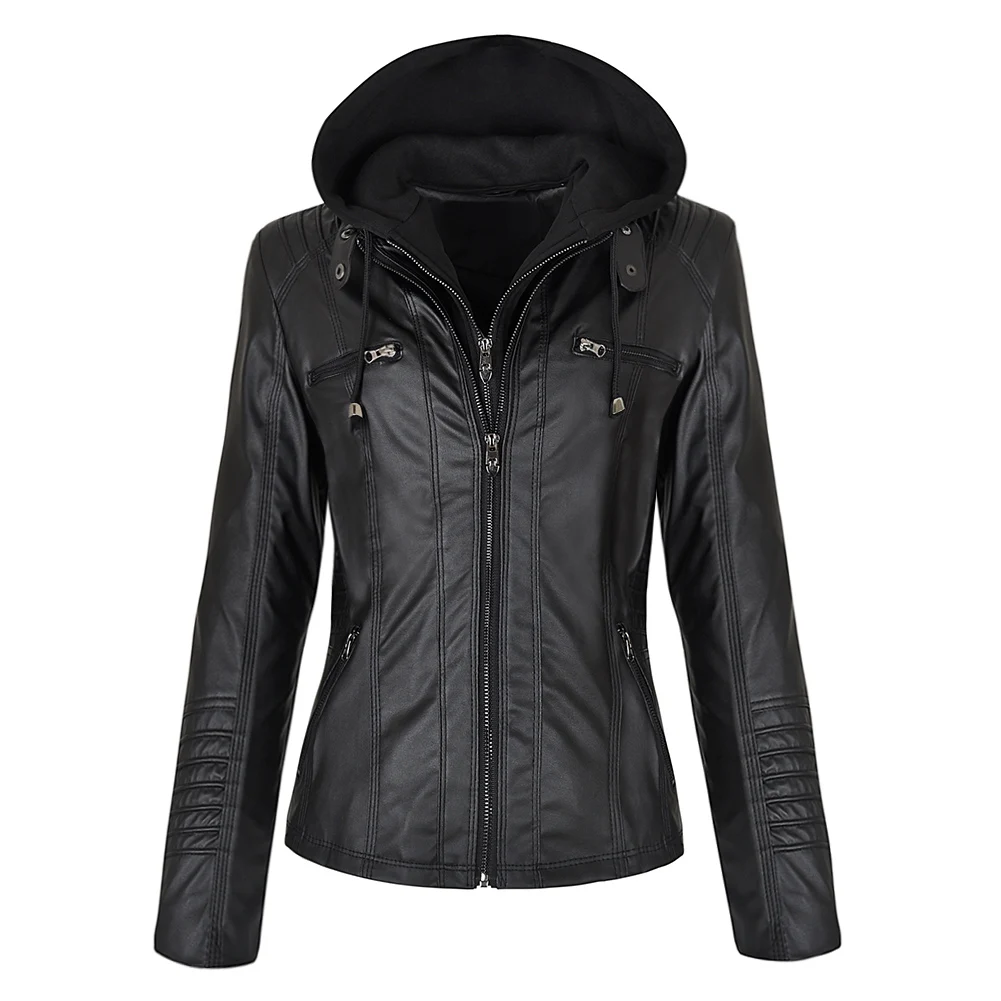 Женская куртка из искусственной кожи с капюшоном, Готическая мотоциклетная Базовая куртка из искусственной кожи, верхняя одежда с капюшоном на молнии, водонепроницаемая Женская куртка