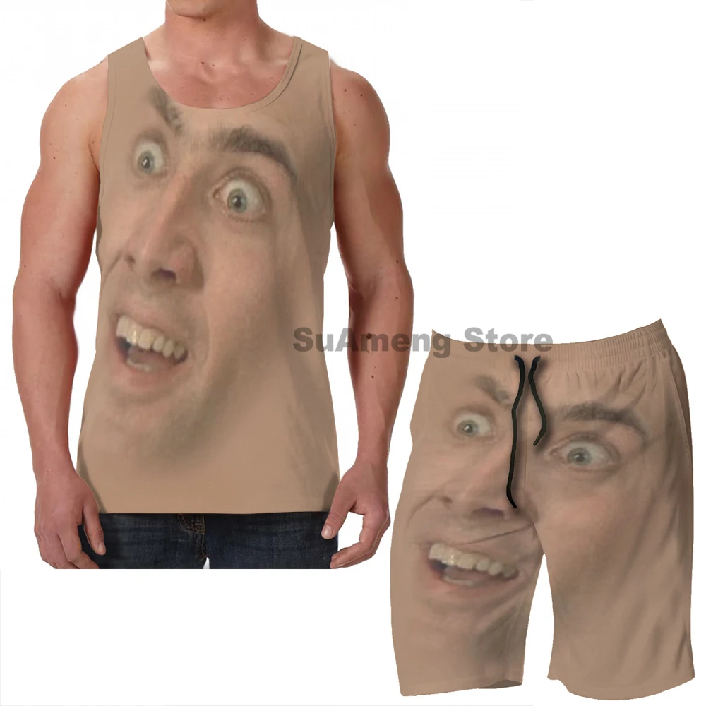 

Summer funny print men Tank Tops Women Nicholas Cage Face Pattern men Board beach shorts women sets fitness sleeveless vest