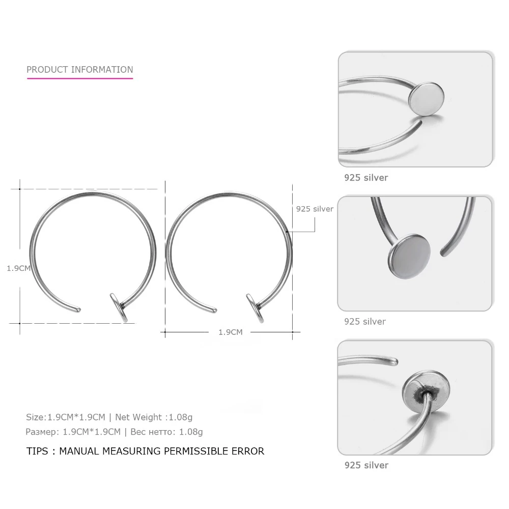 e-Manco Smooth Circle C Hoop Earrings 925 Silver Geometric Big Loop Open Earrings For Women Trendy Jewelry Hoop Earrings