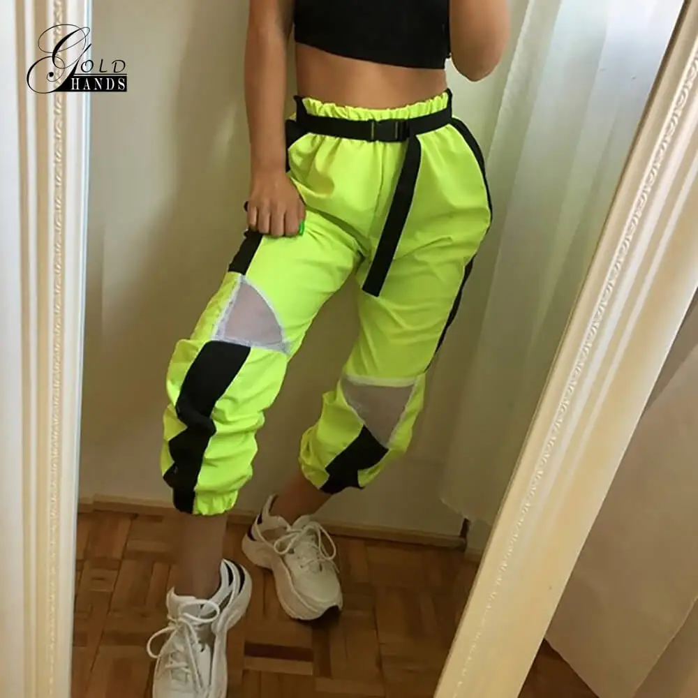 

Gold Hands Casual Patchwork Pencil Pants High Waist Fluorescent Green Trousers Women Pocket Sweatpants and Joggers Fitness