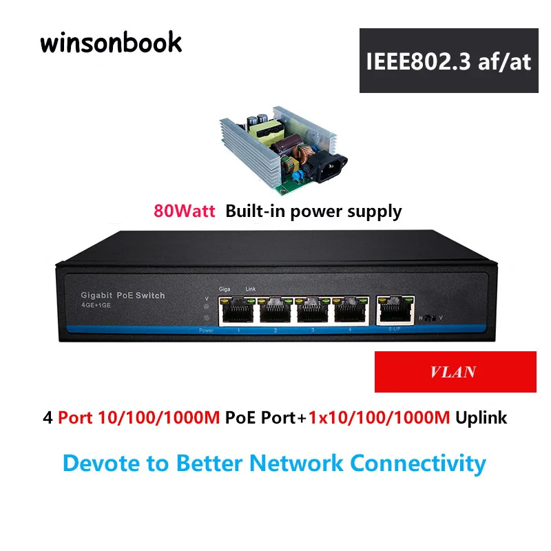 

4 port PoE Gigabit Ethernet switch 1 port Gigabit Internet switch POE switch 5 x 10/100/1000Mbps RJ45 Port PoE 48v