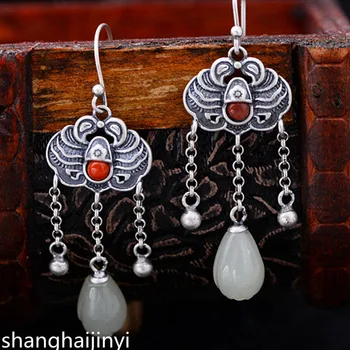 

KJJEAXCMY S925 sterling silver jewelry, scrub carp, silver inlaid jade, beautiful tassel lady Earrings