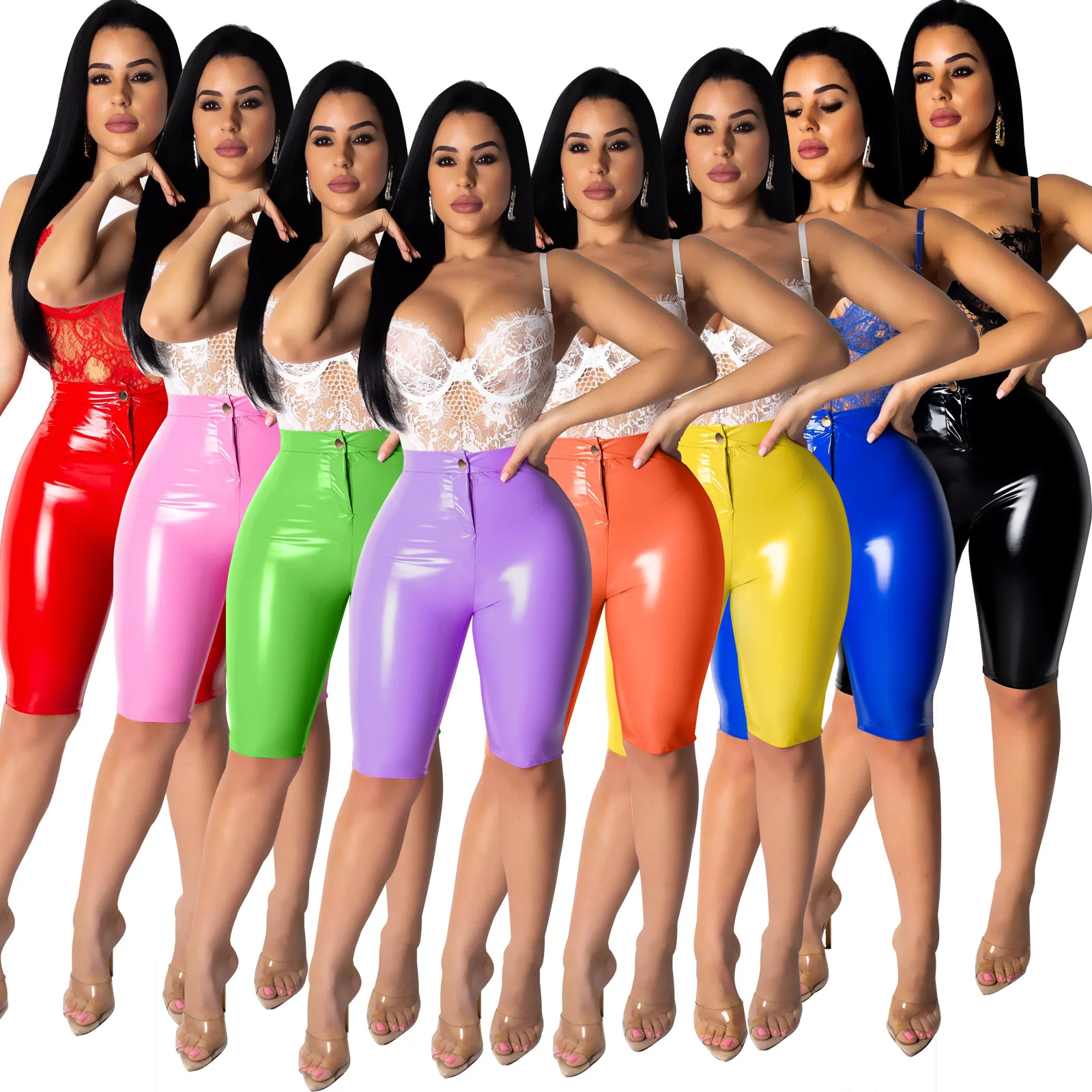 

2019 new women summer shiny faux leather skinny active cropped trousers casual wear PU jacket for men trousers 8 color S-2XL