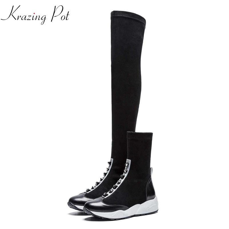 

Krazing Pot 2019 new hot sale genuine leather winter stretch boots metal rivets leisure casual round toe over-the-knee boots L06